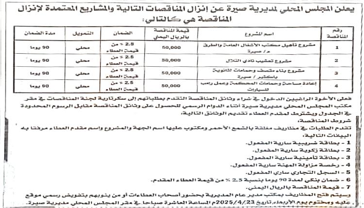 السلطة المحلية بمديرية صيرة تعلن إنزال مناقصات لمشاريع تنموية في المديرية