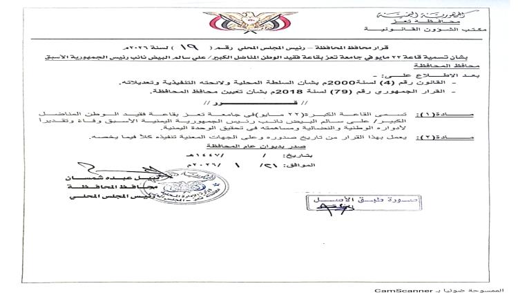 قرار بإعادة تسمية القاعة الكبرى (22 مايو) في جامعة تعز باسم علي سالم البيض 