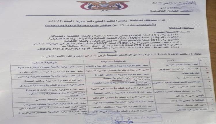 فضائح تعز.. شمسان يُجري تدويرا مفاجئا لـ26 مديرا للموارد البشرية في مخالفة صارخة للقانون