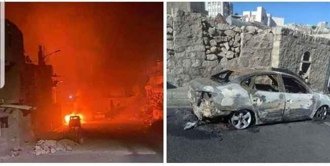 إحراق سيارة قيادي بارز مع طارق صالح في تعز بعد الانتهاء من الاحتفال بذكرى نكبة 11 فبراير.. صور