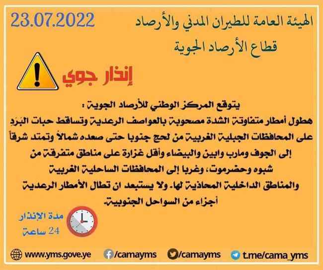 إنذار تحذيري من أمطار غزيرة خلال 24 ساعة على محافظات يمنية
