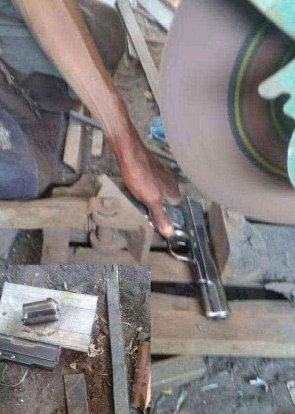 قوات حمدي شكري تصادر أسلحة وتقطعها إلى نصفين بمنشار حديدي في لحج