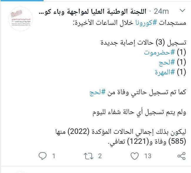 حضرموت ولحج والمهرة يتشاركون الإصابات الجديدة بكورونا