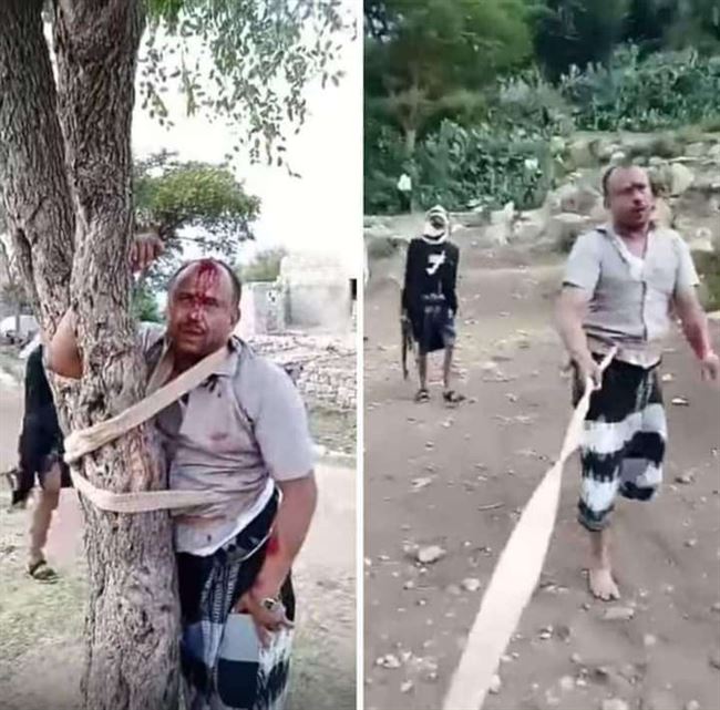 مسلحو حزب الإصلاح يعتدون على مواطن بوحشية بعد سحله وربطه على شجرة أمام أهالي تعز
