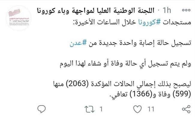لجنة كورونا تعلن تسجيل حالة إصابة جديدة بعدن