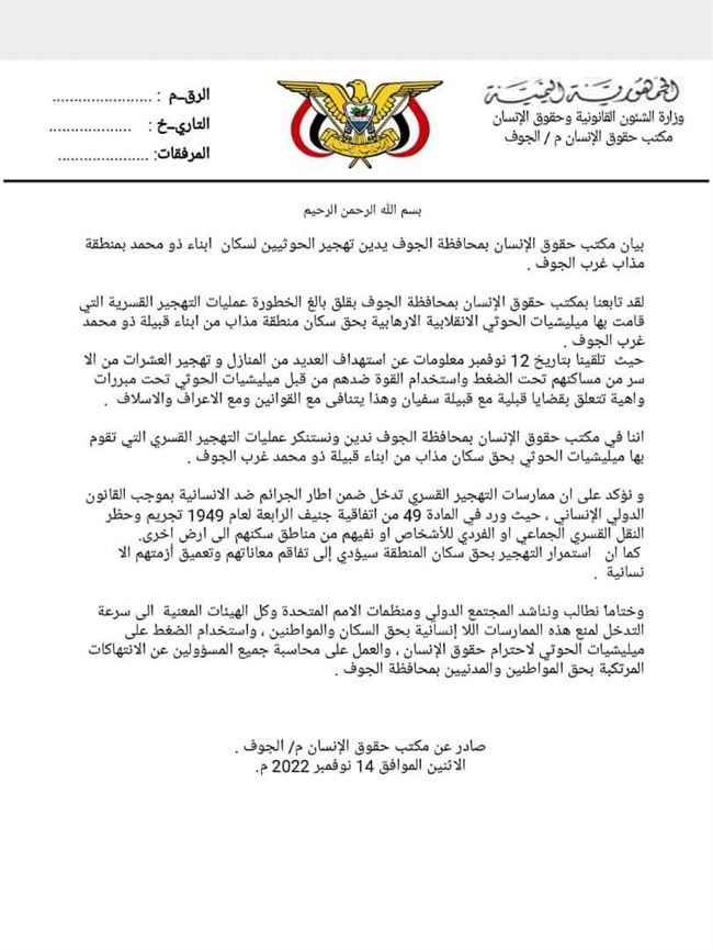 حقوق الإنسان في الجوف: عمليات تهجير قسرية لسكان منطقة مذاب