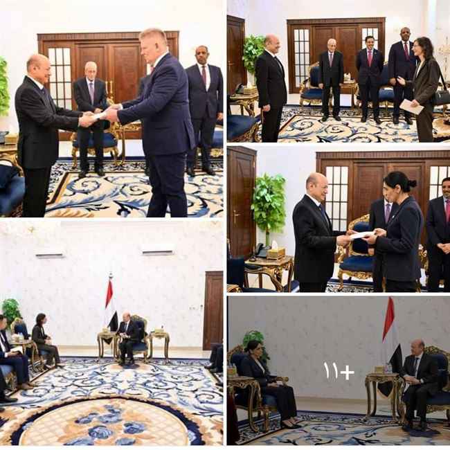 العليمي يتسلم اوراق اعتماد سفراء كوريا وبريطانيا وفرنسا وجنوب افريقيا وبولندا